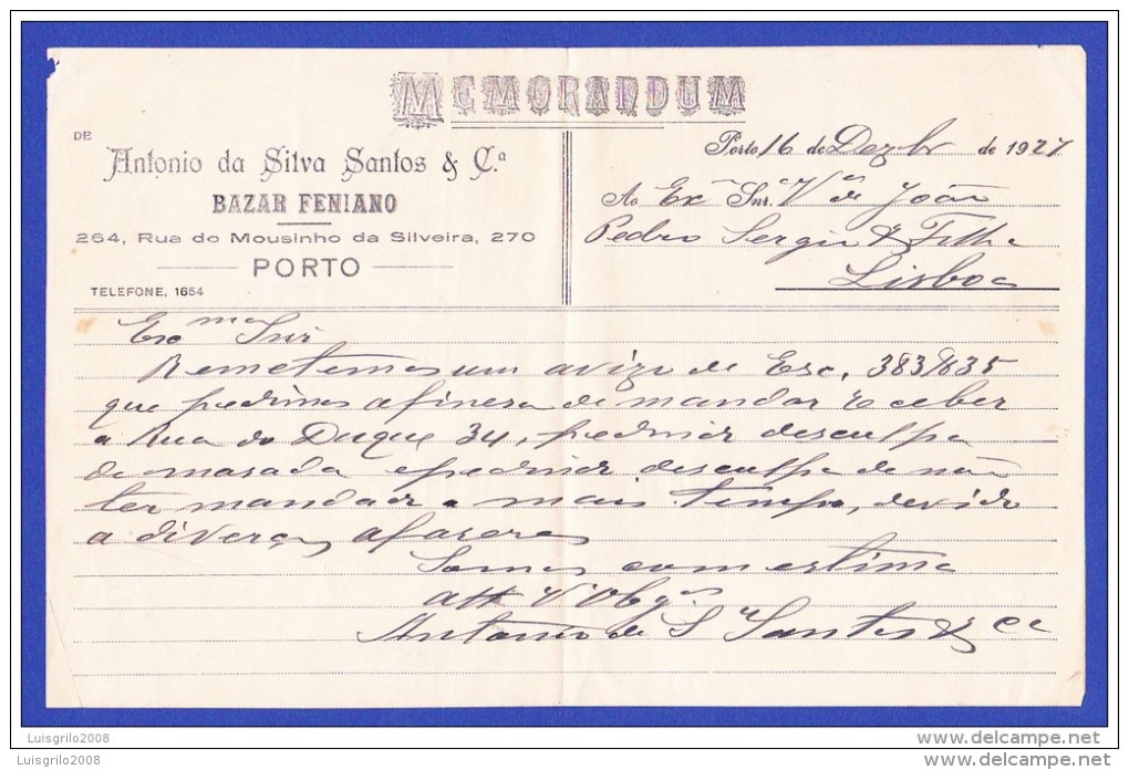 PORTO, PORTUGAL - MEMORANDUM De ANTONIO DA SILVA SANTOS & Cª -- PORTO, 16 DE DEZEMBRO DE 1926 - Portugal