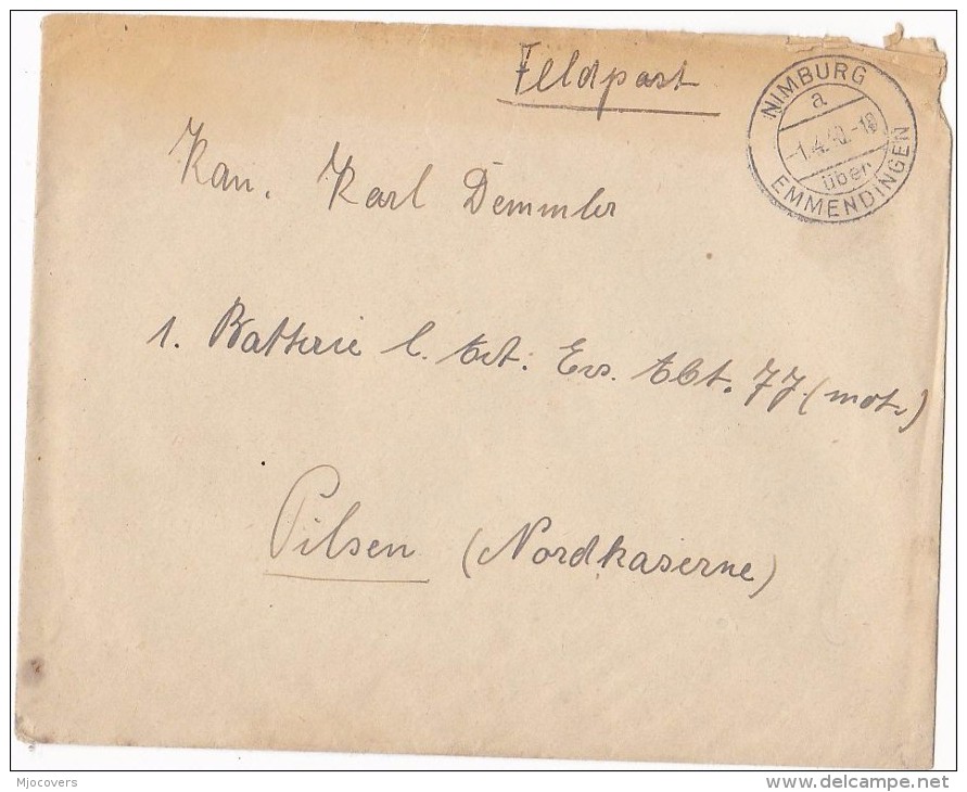 1940 Nimburg GERMANY FELDPOST COVER To Pilsen CZECHOSLOVAKIA Forces Military Stamps - Covers & Documents