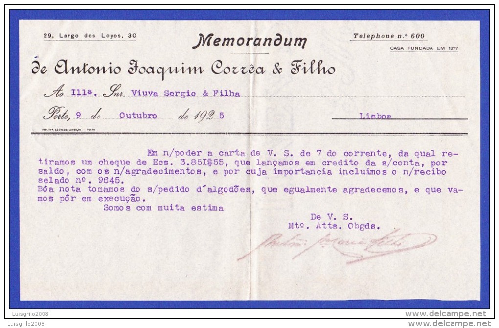 1925 - MEMORANDUM De ANTÓNIO JOAQUIM CORRÊA & FILHOS - PORTO, 9 DE OUTUBRO DE 1925 - Portogallo