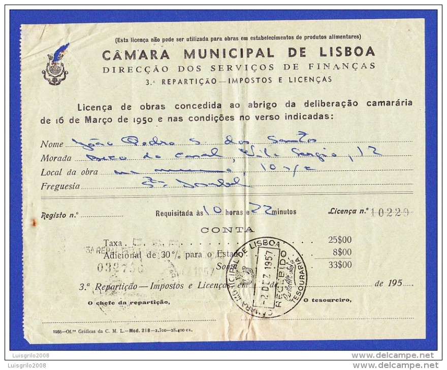 CAMARA MUNICIPAL DE LISBOA -- 2.DEZEMBRO.1957 - Portugal