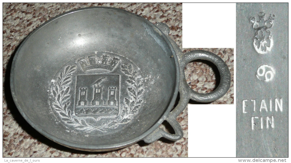 Rare Ancien Tastevin Taste-vin En étain Fin Estampillé, Armoiries De Ville, Blason, Couronne Tours, Prise Serpent, Tour - Autres & Non Classés