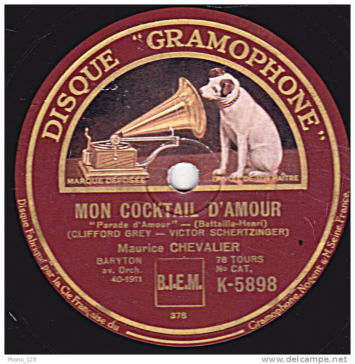 78 Tours DISQUE "GRAMOPHONE"  K 5898  état TB  Maurice CHEVALIER  MON COCKTAIL D'AMOUR  PERSONNE NE S'EN SERT MAINTENANT - 78 T - Disques Pour Gramophone