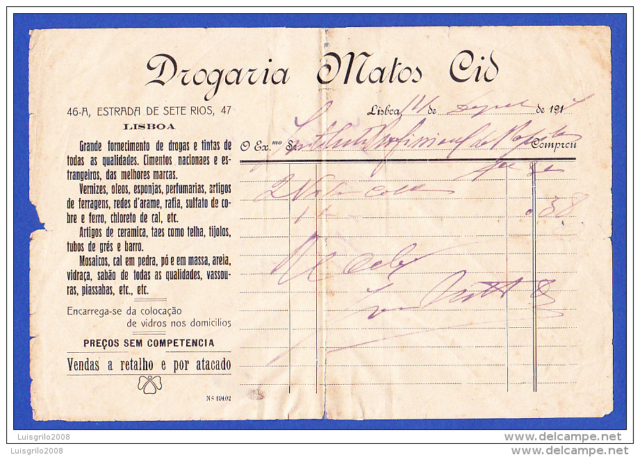 PORTUGAL - DROGARIA MATOS CID - ESTRADA DE SETE RIOS, 46-A, 47 . LISBOA -- 14.AGOSTO.1917 - Portogallo