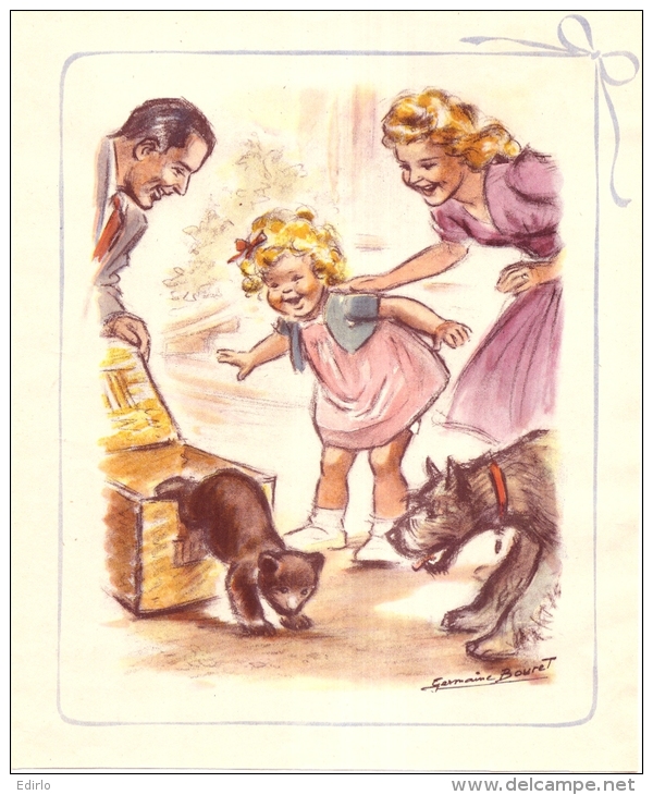 Litho Germaine BOURET Année 45/50 - Sur Support Cartonné - Ourson Et Chien Superbe (probleme Scan Trop Rouge) - Lithographies