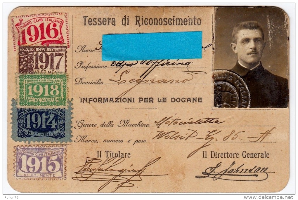 LEGNANO - TESSERA DI RICONOSCIMENTO - L.I.A.T. - TOURING CLUB ITALIANO - 1915 - 1920 - MOTOCICLETTA - Colecciones