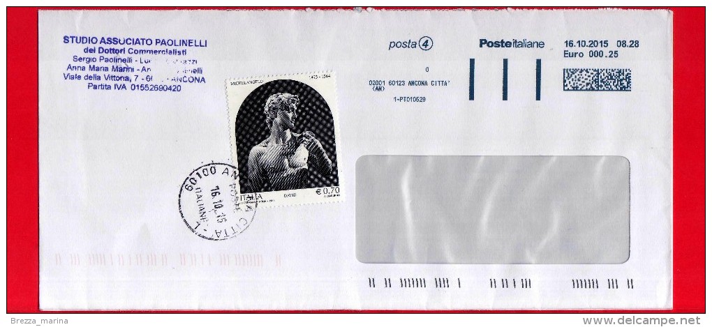 ITALIA ~ Storia Postale ~ Busta Del 2015 ~ { 2014 - 400 Anni Della Morte Di Michelangelo - David, Scultura Di Michelange - 2011-20: Storia Postale