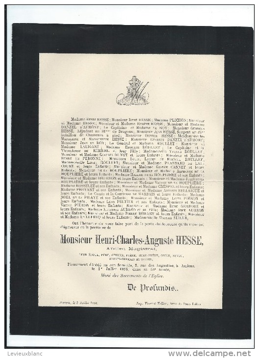 Annonce/ Henri Charles Auguste HESSE/Magistrat/Rue Des Augustins/Amiens/1894   FPD31 - Overlijden