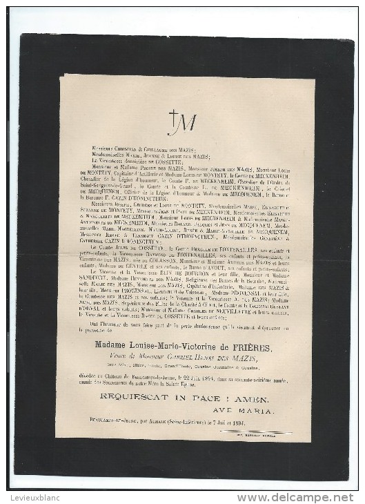 Annonce/Louise Marie Victorine De FRIERES/76 Ans / Château De Beaucamps Le Jeune/Aumale/1894     FPD32 - Obituary Notices