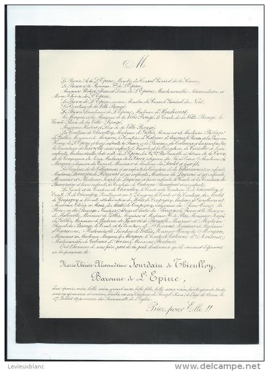 Annonce/Marie Thérése Alexandrine Jourdain De Thieulloy, Baronne De L'Epine/Chateau De Prouzel/Somme/61 Ans /1894  FPD39 - Obituary Notices