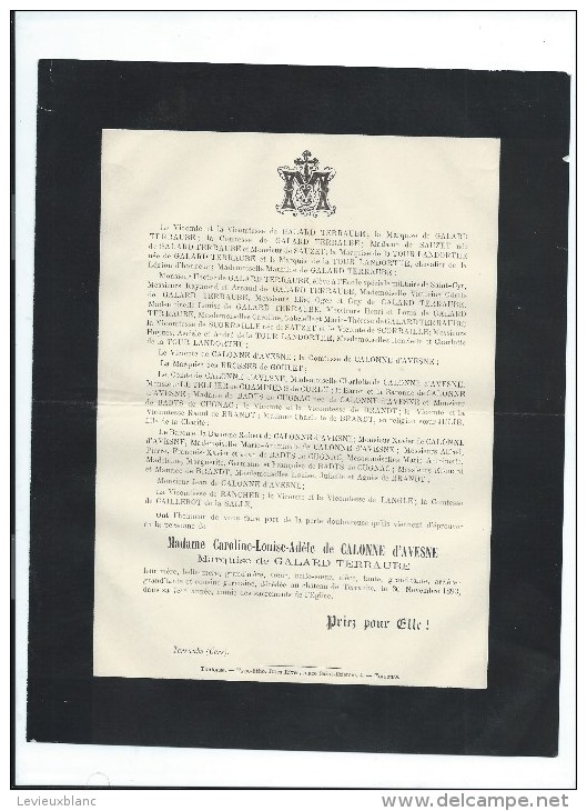 Annonce/Caroline Louise Adéle De Calonne D'Avesne Marquise De GalardTerraube/Chateau De Terraube/Gers/78ans /1893 FPD40 - Esquela