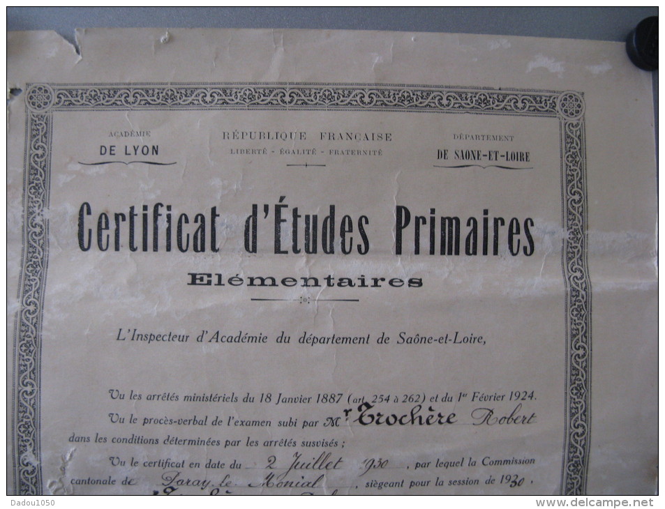 Certificat études Primaires 1930 - Diploma & School Reports