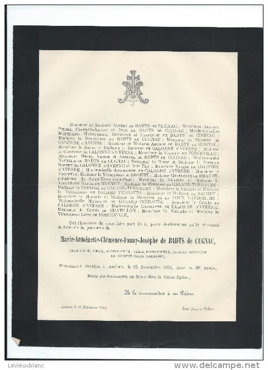 Annonce/Marie Antoinette Clémence Fanny Joséphe De Badts De Cugnac /26 Ans //1894  FPD54 - Décès