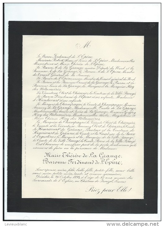 Annonce/Marie Thérése De La Grange , Baronne Ferdinand De L'Epine/37 Ans /Chateau De Rouzel/Somme/1894  FPD56 - Obituary Notices