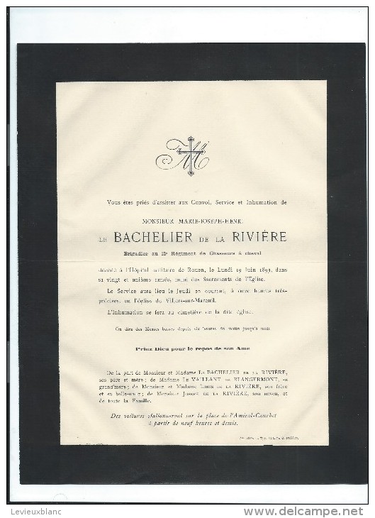 Annonce Messe/Monsieur Marie Joseph Henri Le Bachalier De La Riviére/  /21 Ans /Hopital Militaire/Rouen/1893  FPD59 - Overlijden