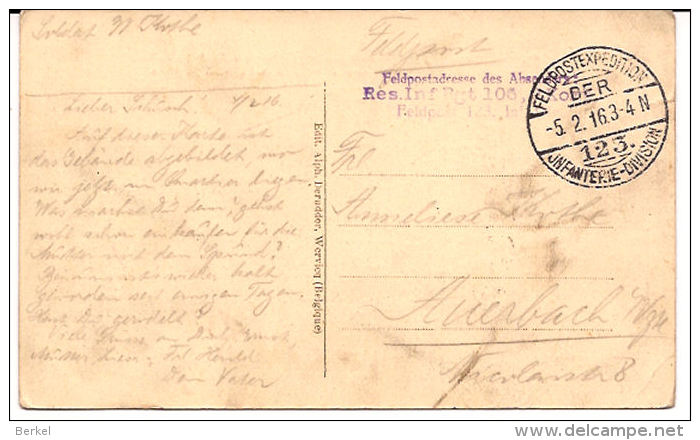 WERVIK WERVICQ  FRANCE KOMENSTRAAT FABRIEK S & L DALLE FELDPOST 1916  Re 955 /d4 - Wervik