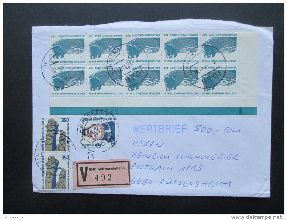 Berlin 1991 Wertbrief MiF Nr. 863 / 831 Und 835. Eckrandstück Mit Bogenzählnummer. Randleiste!! - Storia Postale