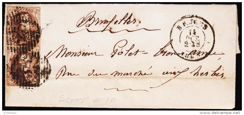1858. 2x 10 C. Leopold 23 + BRUGES 14 OCT 1858. To BRUXELLES 14 OCT 1858.   (Michel: 7) - JF182113 - 1849-1865 Medaillons (Varia)
