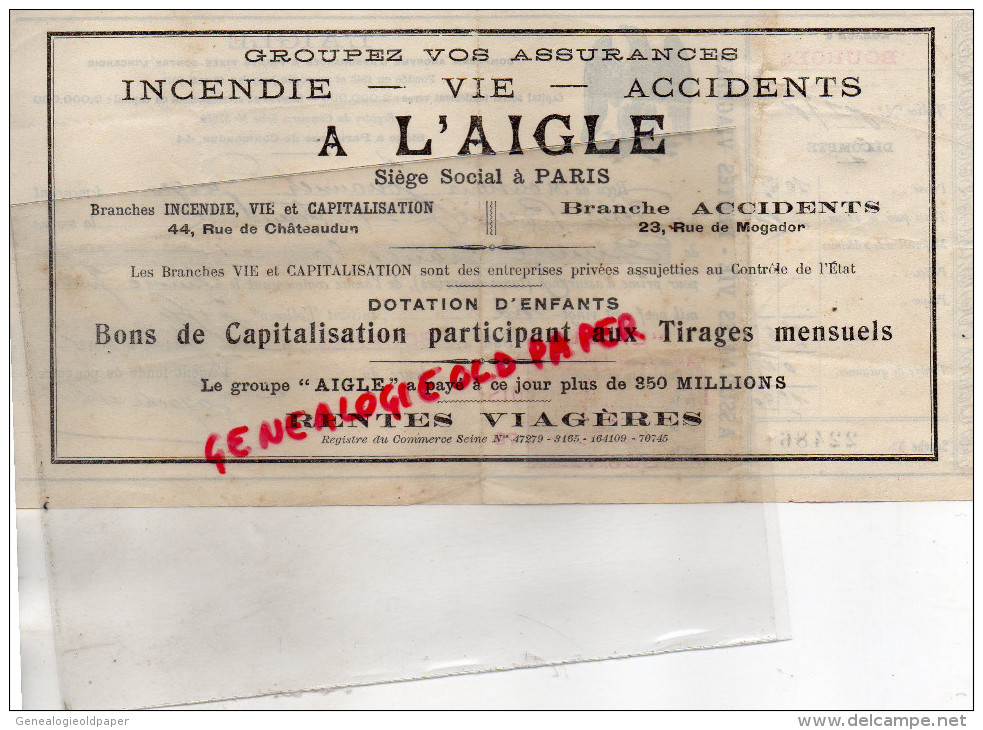 18- BOURGES- ASSURANCES VIE L' AIGLE- 75- PARIS- 1926- GEORGES JOUANNET PETIT BREUIL SAINT FLORENT- LAGACHE DUBOIS - Bank & Versicherung