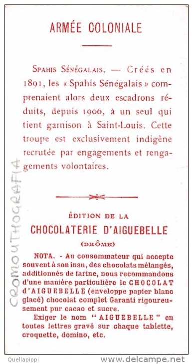 03401 "CHOCOLAT D´AIGUEBELLE - L´ARMEE COLONIALE - SPAHIS SENEGALAIS" MILITARI.  FIGURINA. ORIGINALE. - Cioccolato