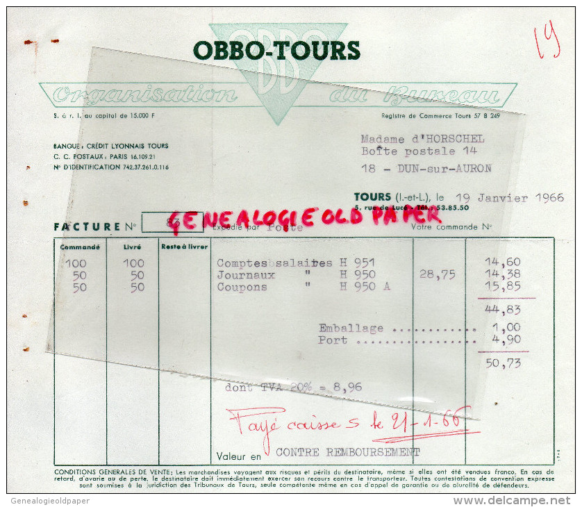 37 - TOURS - FACTURE OBBO TOURS- ORGANISATION DU BUREAU-5 RUE DE LUCE- 1966 - 1950 - ...