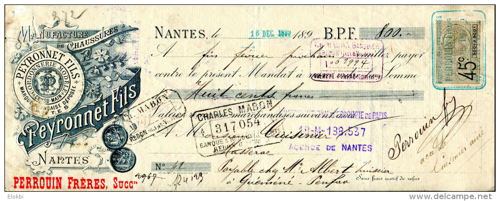 Manufacture  De Chaussures Peyronnet Fils / Perrouin Frères à Nantes (Loire Inférieure)  - 1899 - Lettres De Change