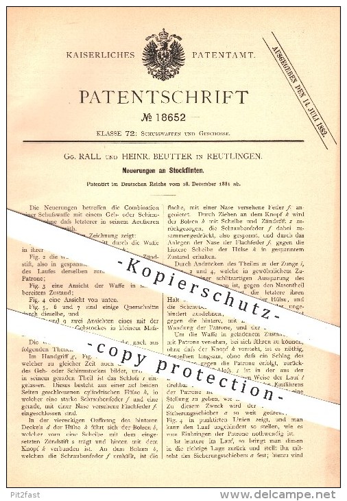Original Patent - Gg. Rall , H. Beutter , Reutlingen , 1881 , Stockflinte , Flinte , Flinten , Gewehr , Gewehre , Waffen - Historische Dokumente