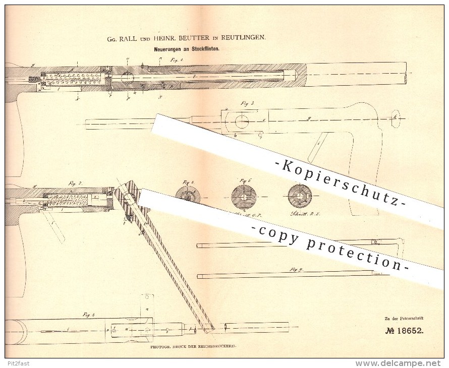 Original Patent - Gg. Rall , H. Beutter , Reutlingen , 1881 , Stockflinte , Flinte , Flinten , Gewehr , Gewehre , Waffen - Historische Dokumente