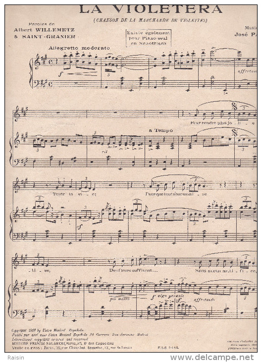 La Violetera 1918 Chanson La Marchande De Violettes Musique José Padilla Paroles Saint-Granier Willemetz Ed.Jalabert TBE - Chant Soliste