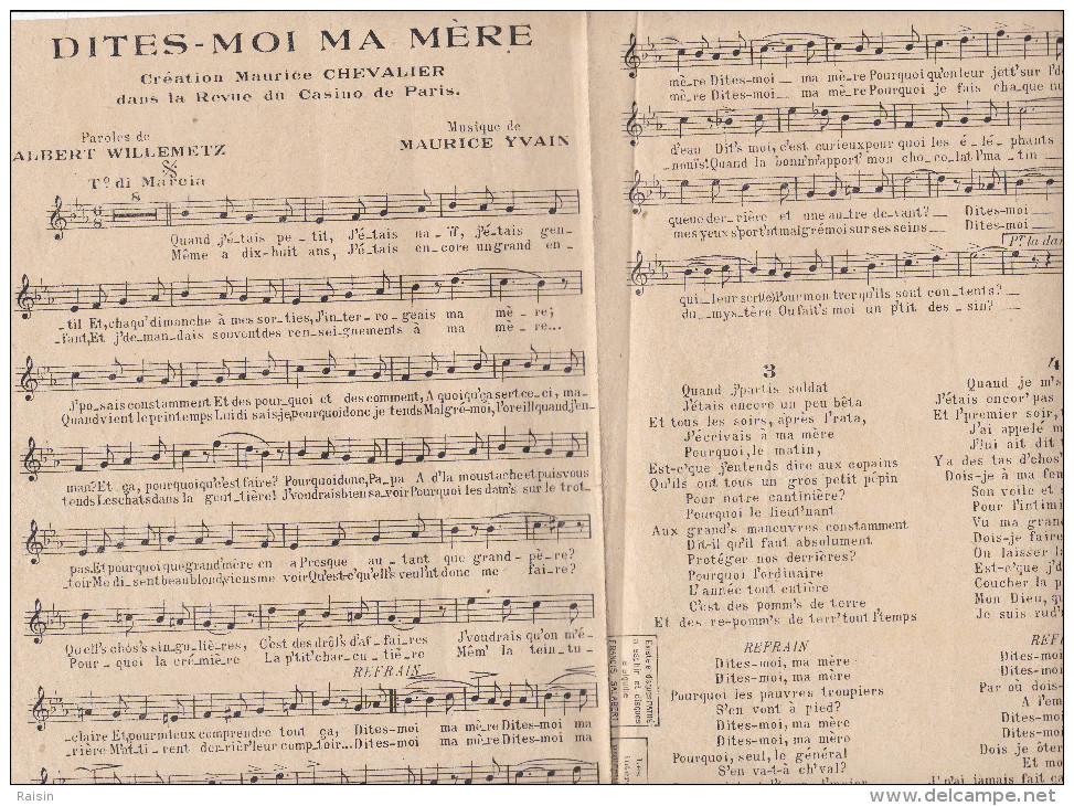 Dites-Moi Ma Mère  One'step De Maurice Chevalier Musique Maurice Yvain Paroles Willemetz Ed. Salabert 1927  TBE - Chant Soliste