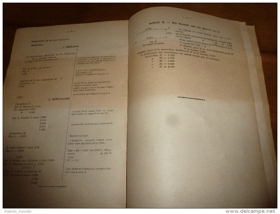 1926 Ministère de la Guerre : Cours d'ARTILLERIE Manuel du TIR de 75  Mesure des écarts ,(Défilement ,Feuille de calcul