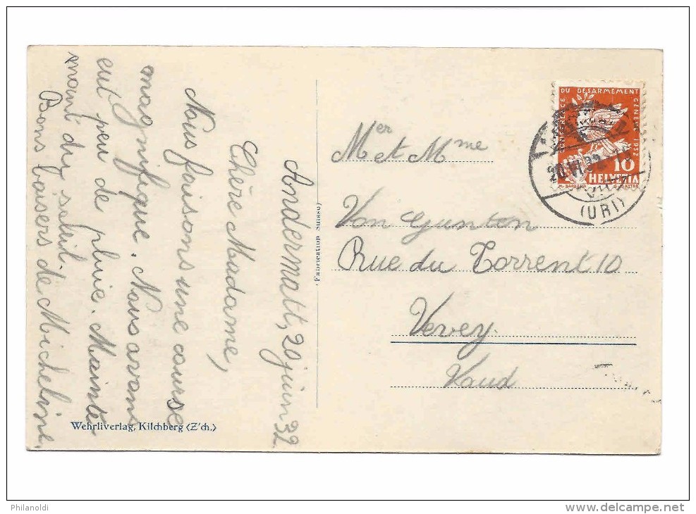 SUISSE 1932 ANDERMATT, Timbre Désarmement Pour Rouleau, Bande De Raccord, Klebestelle, Carte Andermatt, Rare. - Franqueo