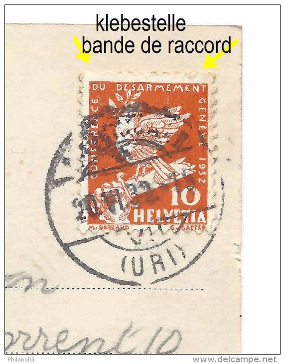 SUISSE 1932 ANDERMATT, Timbre Désarmement Pour Rouleau, Bande De Raccord, Klebestelle, Carte Andermatt, Rare. - Franqueo