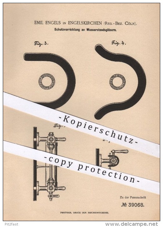 Original Patent - Emil Engels In Engelskirchen , Köln , 1886 , Schutz An Wasserstandsgläsern , Dampfkessel , Glas !! - Historische Dokumente