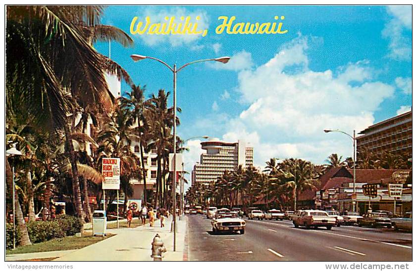 258703-Hawaii, Waikiki Beach, Kalakaua Avenue, Business Section, Ford Musting, Cars, Dexter Press No 26869-C - Oahu