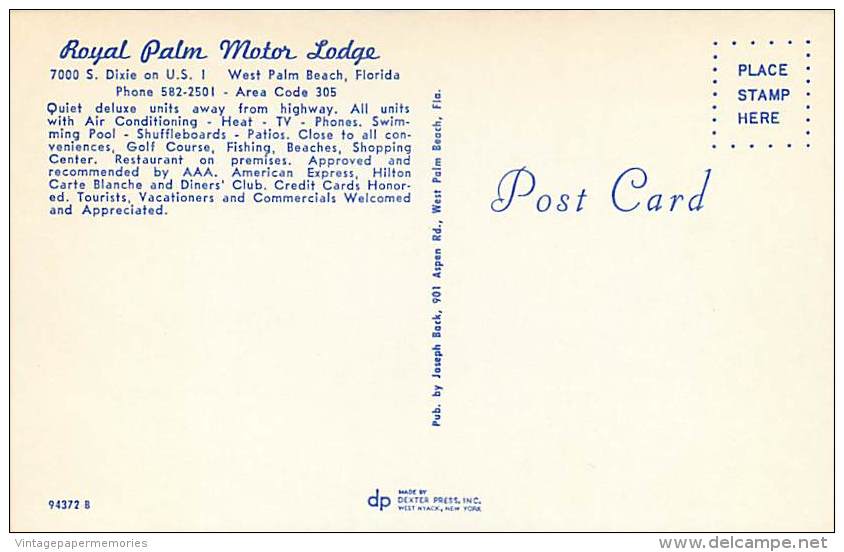 258711-Florida, West Palm Beach, Royal Palm Motor Lodge, US Highway 1, Joseph Back By Dexter Press No 94372 - West Palm Beach