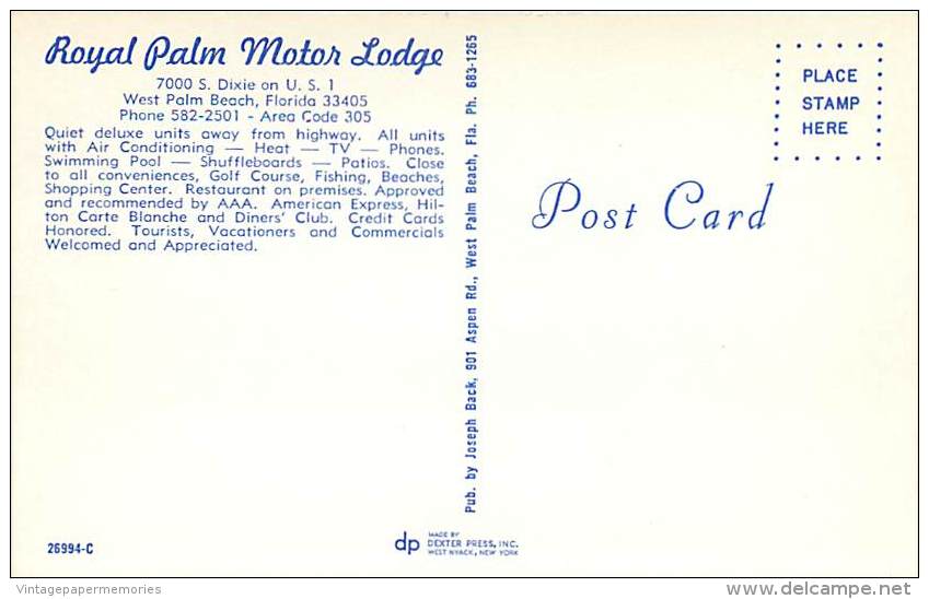 258713-Florida, West Palm Beach, Royal Palm Motor Lodge, US Highway 1, Joseph Back By Dexter Press No 26994-C - West Palm Beach