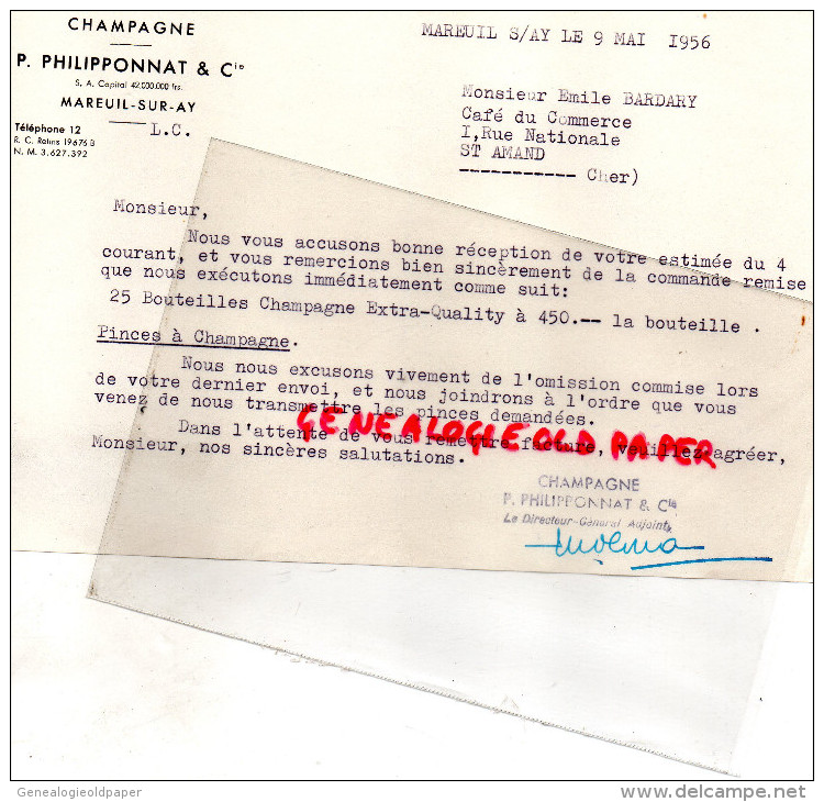 51 - MAREUIL SUR AY - FACTURE CHAMPAGNE P. PHILIPPONNAT -1956 PROPRIETAIRE VIGNOBLE DES GOISSES - 1950 - ...