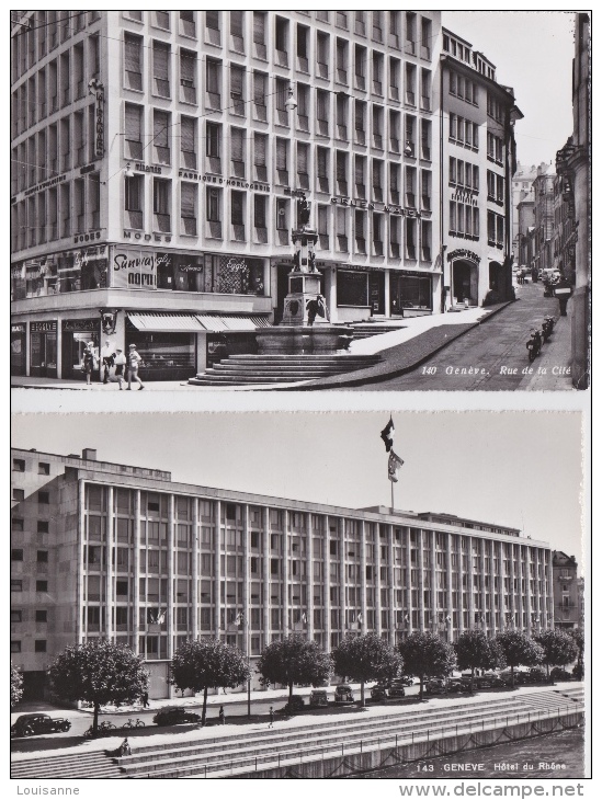 GENÈVE  -  2   CPSM   : RUE  DE  LA  CITÉ  ET  HÔTEL  DU  RHÔNE - Autres & Non Classés