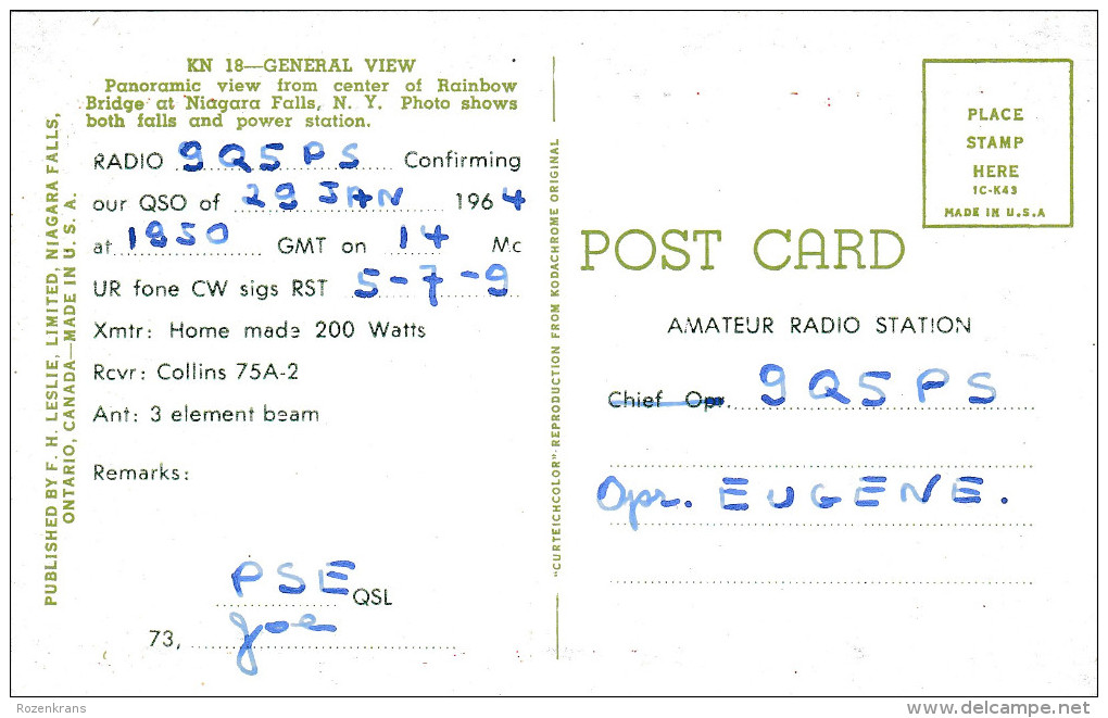 QSL Card Amateur Radio CB Canada Niagara Falls Ontario 1964 Waterfall Chute D' Eau Waterval - Radio Amateur