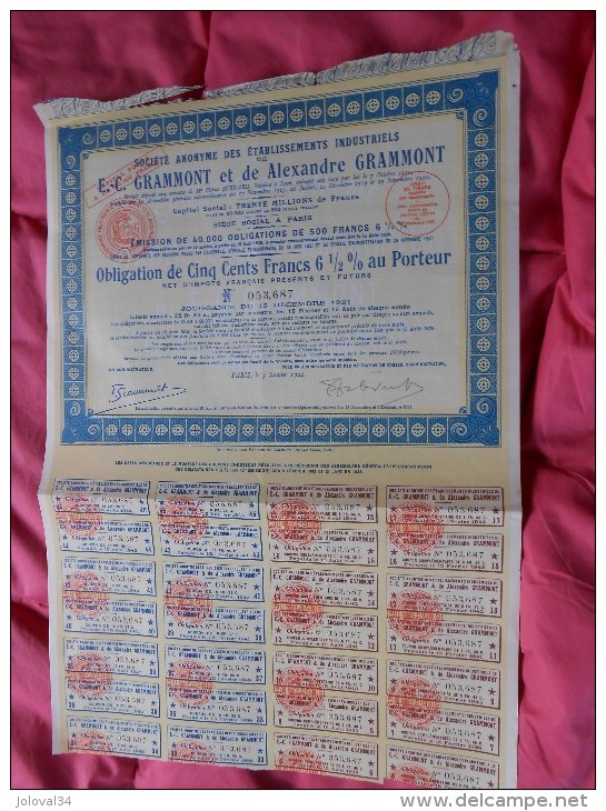 Obligation N 053687 ABIMEE EN HAUT 500 Francs  Ets Industriels E C GRAMMONT Et Alexandre GRAMMONT Avec  Coupons - 1922 - Industrie