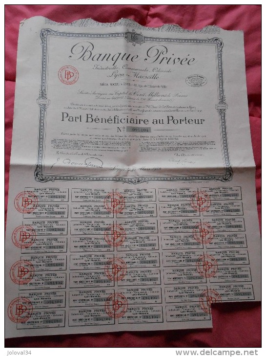 Lot De 5 - Part Bénéficiaire Porteur Banque Privée Industrielle Commerciale Coloniale Lyon Marseille 1924 Avec Coupons - Banque & Assurance