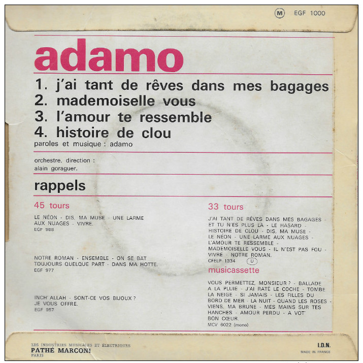 Adamo 45t. EP *j'ai Tant De Rêves Dans Mes Bagages* - Altri - Francese