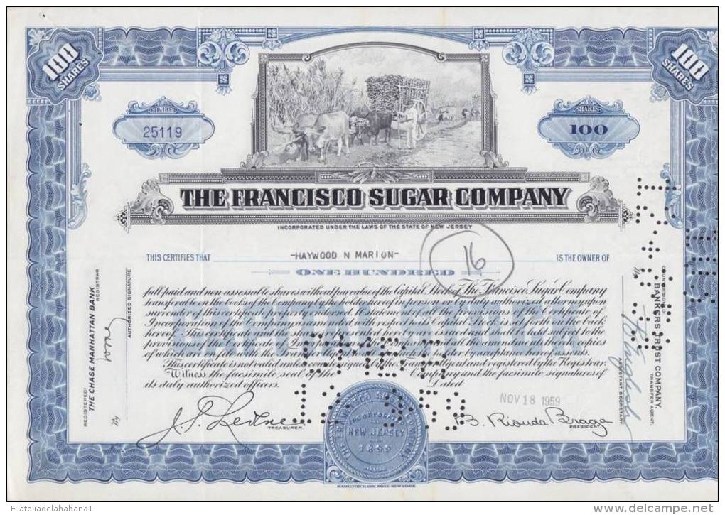 BON-201 CUBA BON 1959 100$. THE FRANCISCO SUGAR COMPANY. - Other & Unclassified