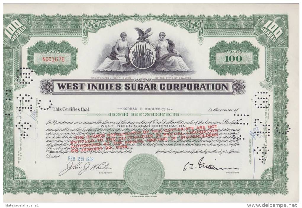 BON-204 CUBA BON 1958 100$. WEST INDIES SUGAR CORPORATION. - Other & Unclassified