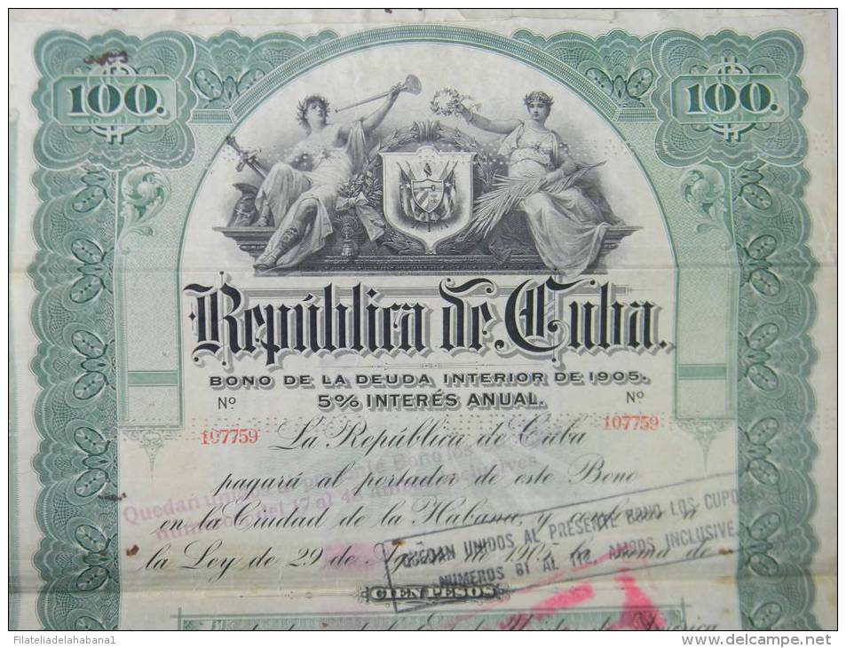 BON-211 CUBA BON 1905 100$. LIQUIDACION DEL EJERCITO LIBERTADOR. FIRMADA POR MAYOR GENERAL CARLOS ROLOFF POLONIA POLAND. - Other & Unclassified