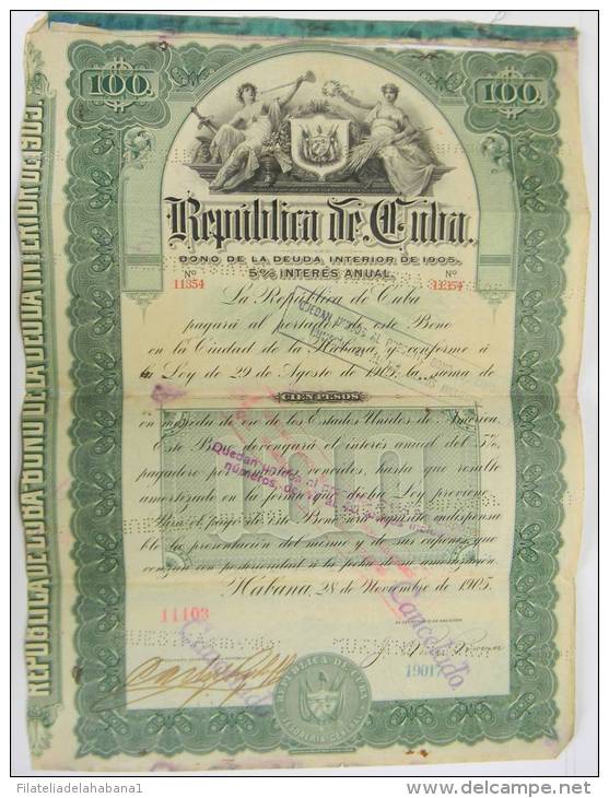 BON-212 CUBA BON 1905 100$. LIQUIDACION DEL EJERCITO LIBERTADOR. FIRMADA POR MAYOR GENERAL CARLOS ROLOFF POLONIA POLAND. - Other & Unclassified