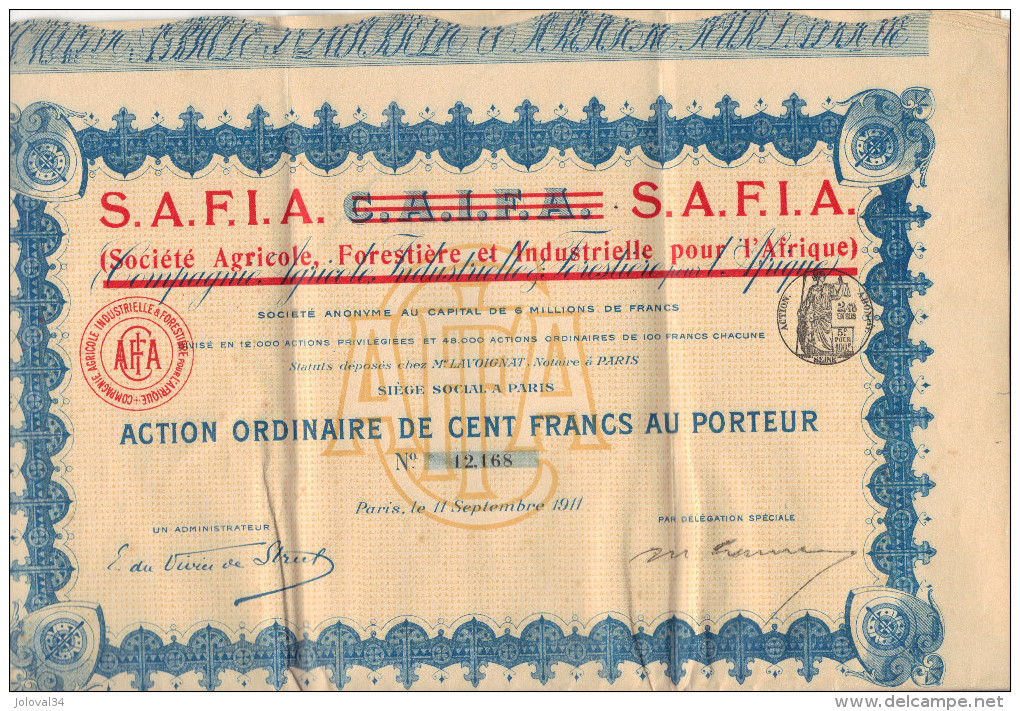 Action De 100 Francs SAFIA Ex CAIFA Société Agricole Forestière Et Industrielle Pour L´ Afrique Avec Tous Les Coupons - Africa