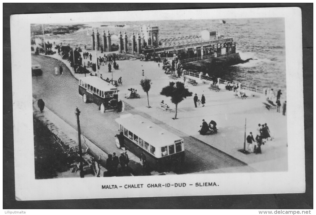 Old Malta Photo Postcard Dated Circa 1920s Showing Chalet Ghar-id-Dud Sliema And Maltese Buses - Malta