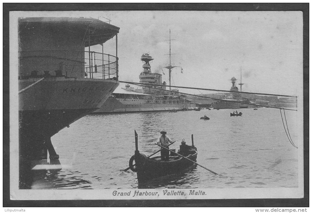 Old Malta Postcard 1910s Grand Harbour Valletta And The Back Of The Ship Knight Of Malta - Malta