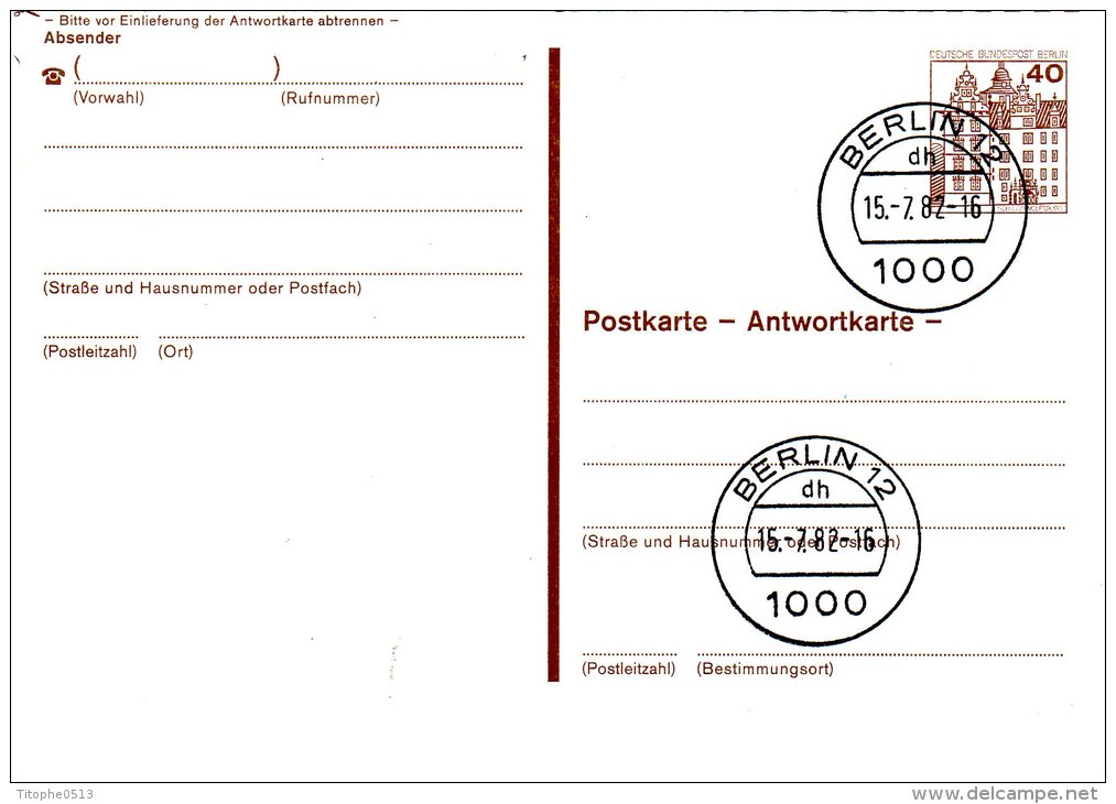 BERLIN. Carte Pré-timbrée Avec Oblitération De 1982. Château De Wolfsburg. - Postkaarten - Gebruikt
